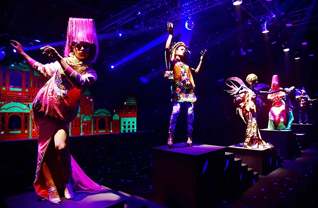 Models present a creation by designer Manish Arora at Lakme Fashion Week 2020 Summer/Resort fashion show in Mumbai, on Wednesday.