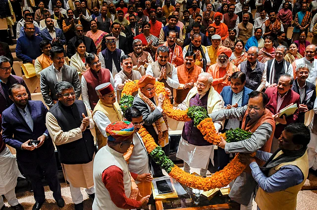 BJP President JP Nadda being facilitated during the first BJP Parliamentary meet under his leadership. Prime Minister Narendra Modi was also present during the meet.