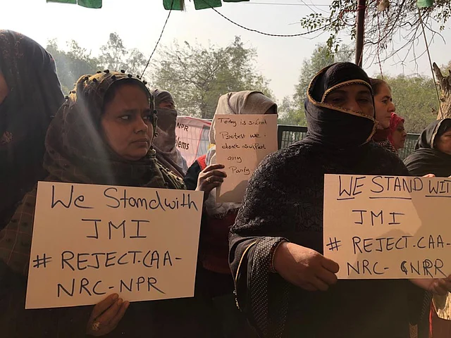 Women participants hold placards in support of Jamia at Shaheen Bagh on 11 February 2019.