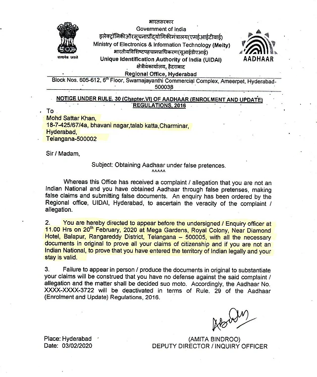 A letter issued by the UIDAI on 3 February directing Mohd Sattar Khan to produce documents to prove his citizenship.