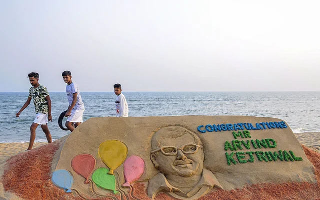 A sand sculpture created by artist Manas Sahoo in Puri, Odisha, after the Aam Aadmi Party won the Delhi Assembly election, on Tuesday, 11 February 2020.