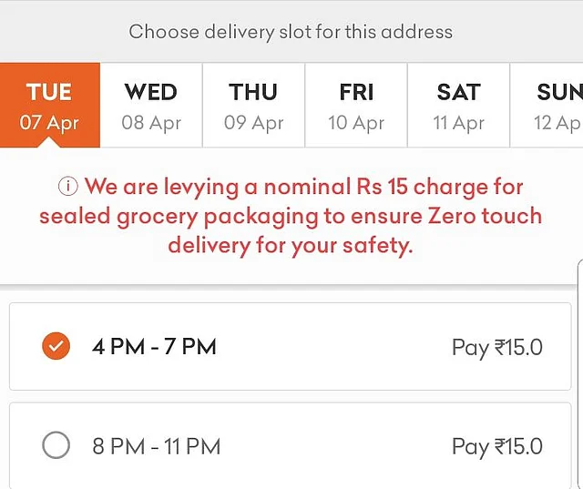 Grofers was showing 7 April as the earliest date of delivery for items ordered on 26 March. 