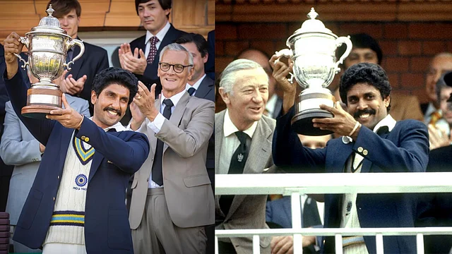 Ranveer Singh in <i>‘83; </i>Kapil Dev lifts the 1983 cricket World Cup. The movie based on the victory was to release in april but has been postponed.