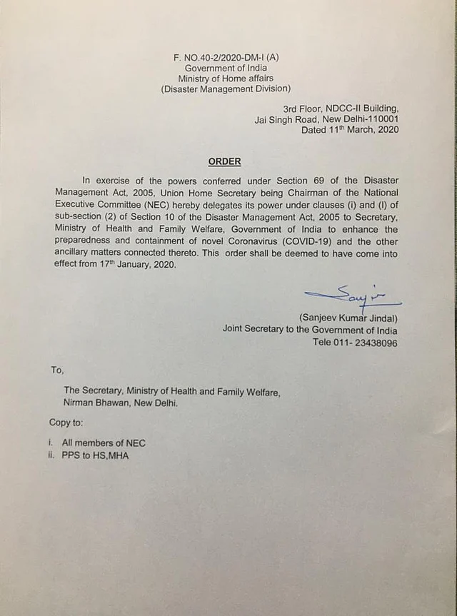 Power of National Executive committee under clauses (i) and (l) of sub section (2) of the section 10 of the disaster management act 2005 dedicated to Secretary of Ministry of Health.