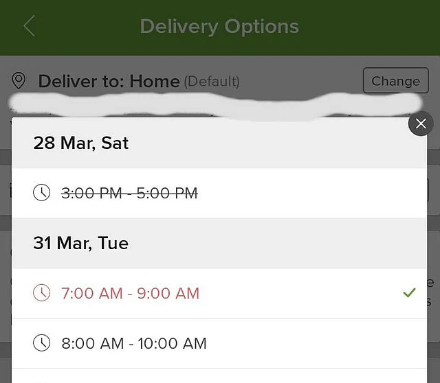 The earliest delivery time for groceries ordered on 26 March was 31 March according to the Big Basket app.