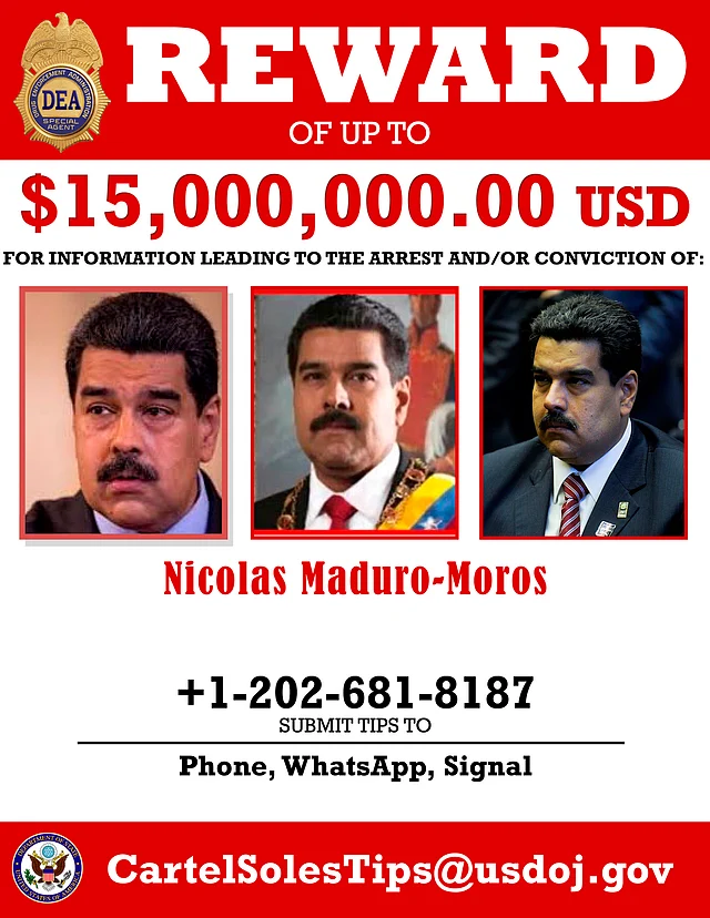 This image provided by the U.S. Department of Justice shows a reward poster for Nicolas Maduro that was released on Thursday, March 26, 2020.
