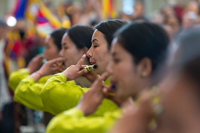 Exiled Tibetan artists play a special composition at a gathering to mark the anniversary of the 1959 Tibetan uprising in Lhasa, in Dharmsala, India, Tuesday, 10 March 2020. Hundreds of Tibetans had staged a protest in 1959 in the Tibetan capital Lhasa against China’s rule.