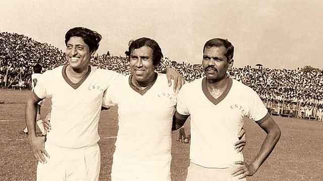 PK Banerjee is seen in this picture standing between Chuni Goswami and Tulsidas Balaram.