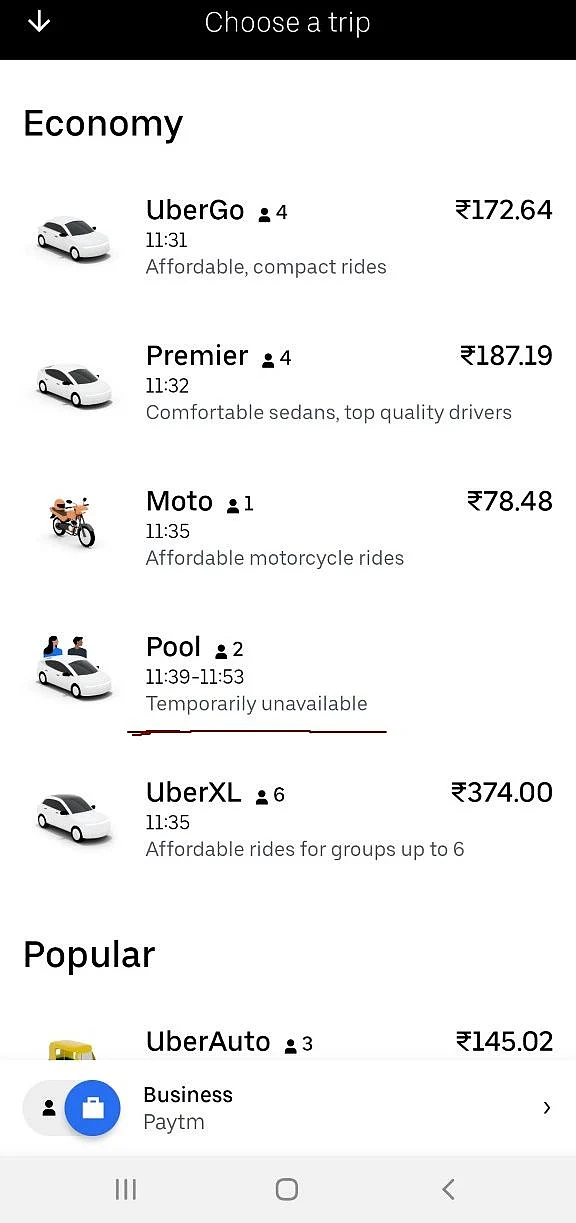 The Uber Pool option is temporarily unavailable on the app.