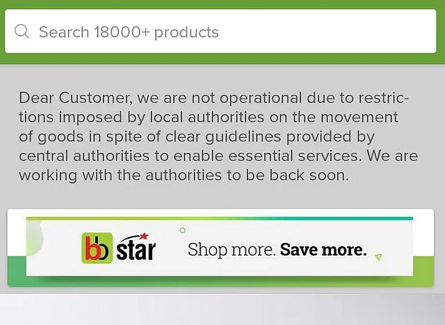 Big Basket is not able to deliver groceries owing to the lockdown despite being an essential service.