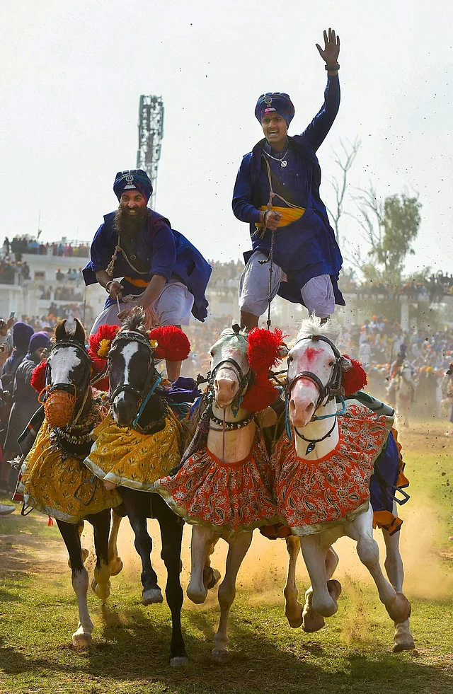 In the Holla Mohalla festival, lakhs of Sikhs participate to exhibit their abilities to combat, engage in martial arts, use the bow and arrow, ride horses and other activities.