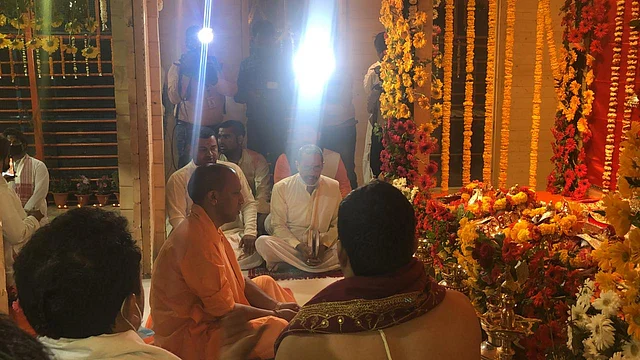 The Vedic mantras being chanted, with UP CM Yogi Adityanath sitting in the middle, in the new place where the Ram idol is being kept while the temple is constructed.