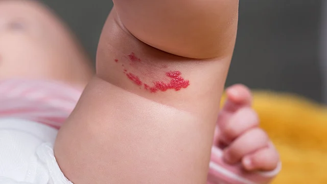 Hemangiomas are raised pink, red or occasionally blue-colored marks. 