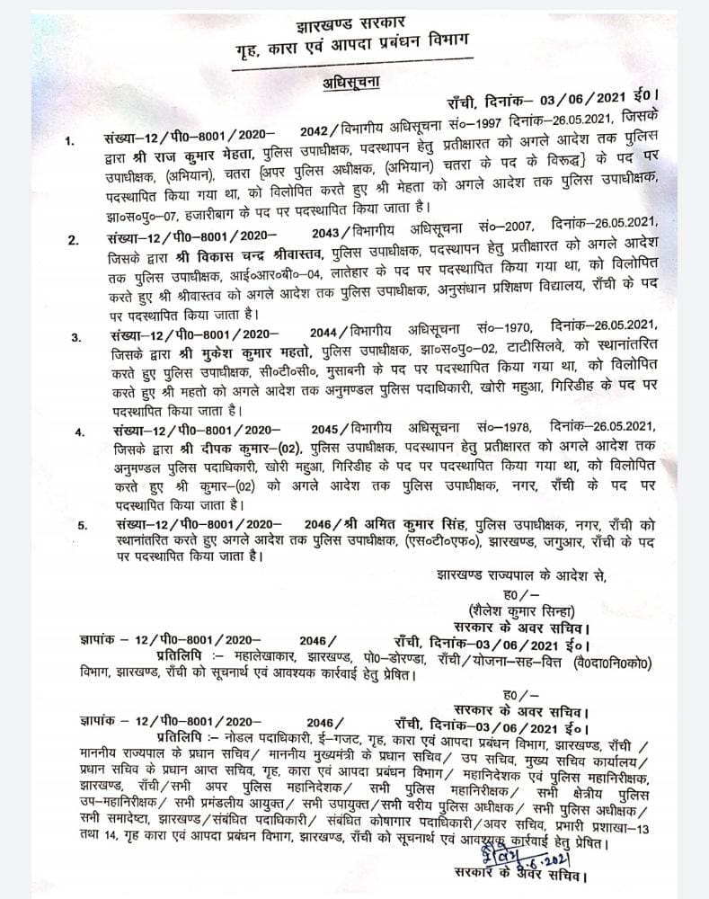 रांची के नये सिटी DSP होंगे दीपक कुमार, 5 DSP की हुई ट्रांसफर-पोस्टिंग