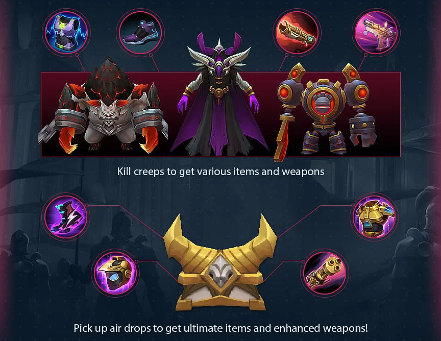 Kill jungle creeps or loot airdrops to get loots.