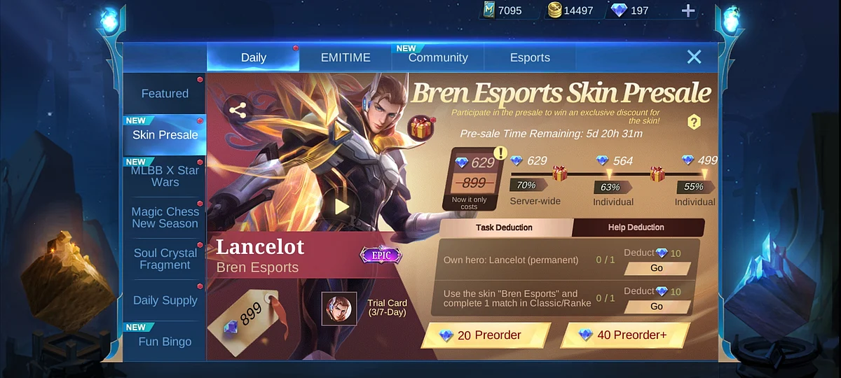 Bren Esports Skin Presale event interface.