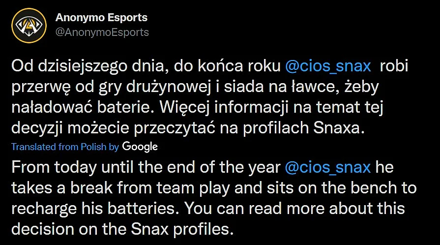 Official statement from Anonymo Esports about Snax