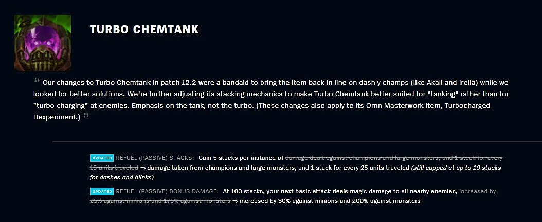 Screengrab of changes made to Turbo Chemtank in Patch 12.3