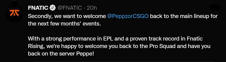 Fnatic CS:GO Update - Promotes Peppzor from academy team