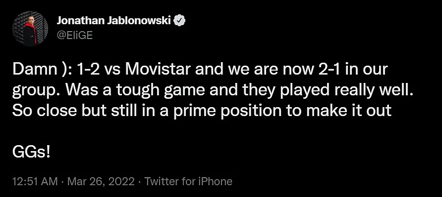 Statement by EliGE after losing to Movistar Riders