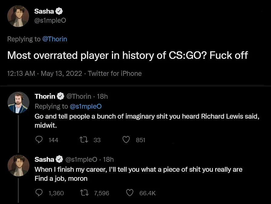 Responses by s1mple to Thorin