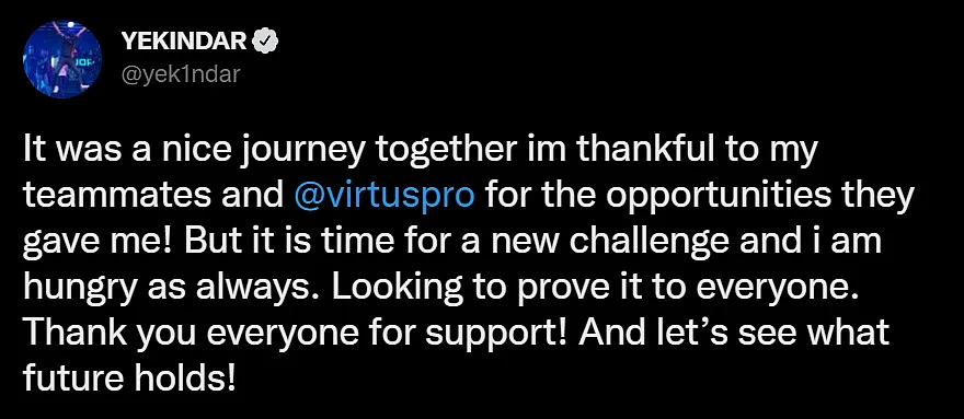 YEKINDAR statement after being moved from VP active CS:GO roster