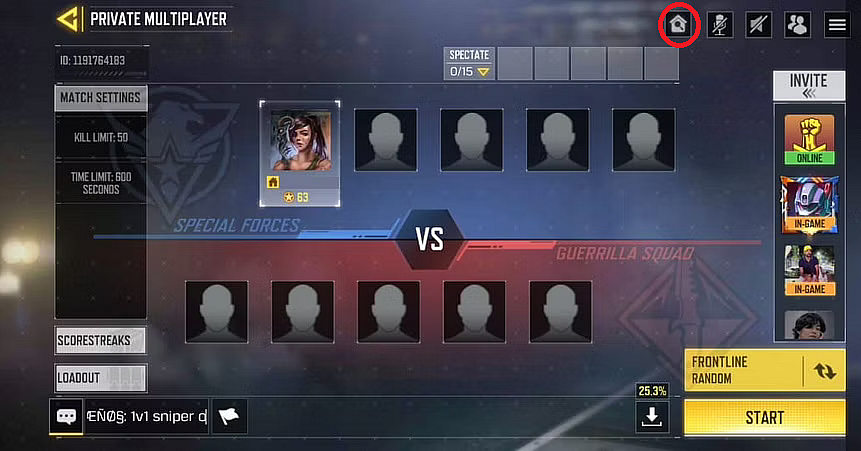 Select the icon circled in red to join a custom room in COD Mobile via the ID.