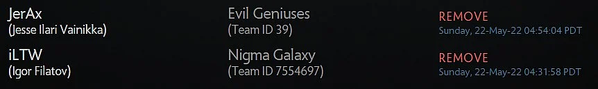 JerAx and iLTW are two high-profile players who've been removed from their original rosters in the Dota Majors Registration page.