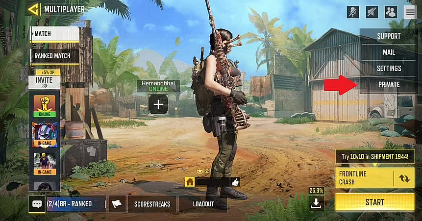 Select the 'Private' option from the drop-down menu that pops up when you tap ‘≡’ to create a custom room in COD Mobile.