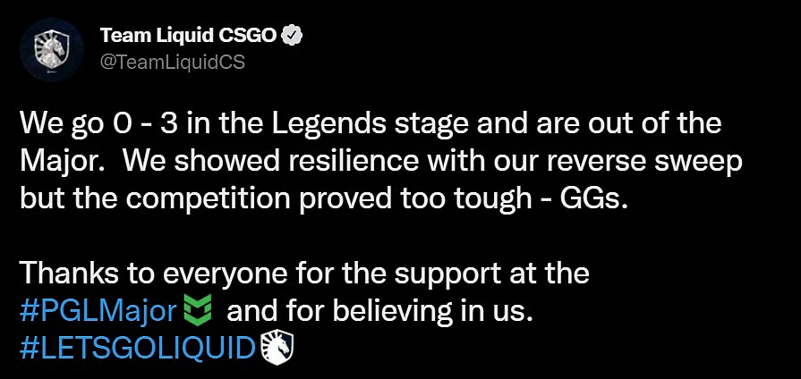 Statement by Liquid after elimination from Major
