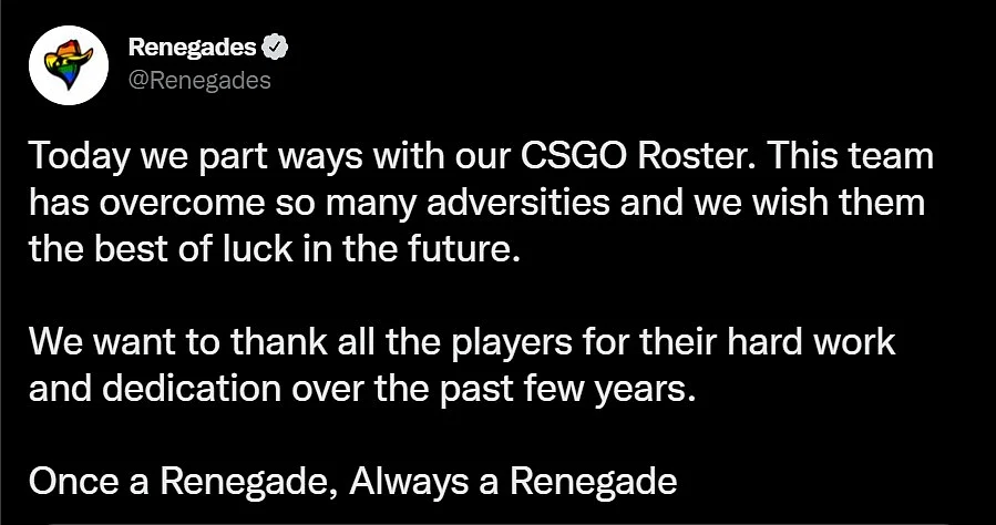 Farewell statement from Renegades to CS:GO roster