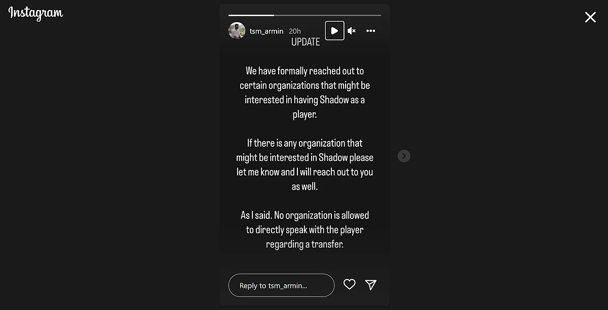 Armin's Instagram story confirming Shadow's departure from TSM's BGMI team