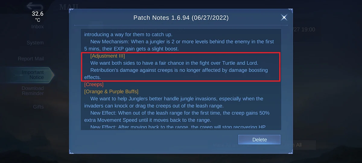 Retribution nerf in Mobile Legends