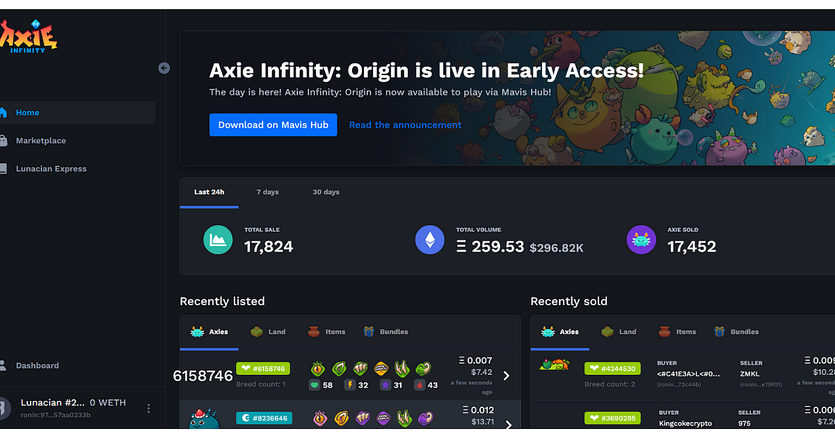 The Axie Marketplace which allows you to purchase Axies as well as land plots