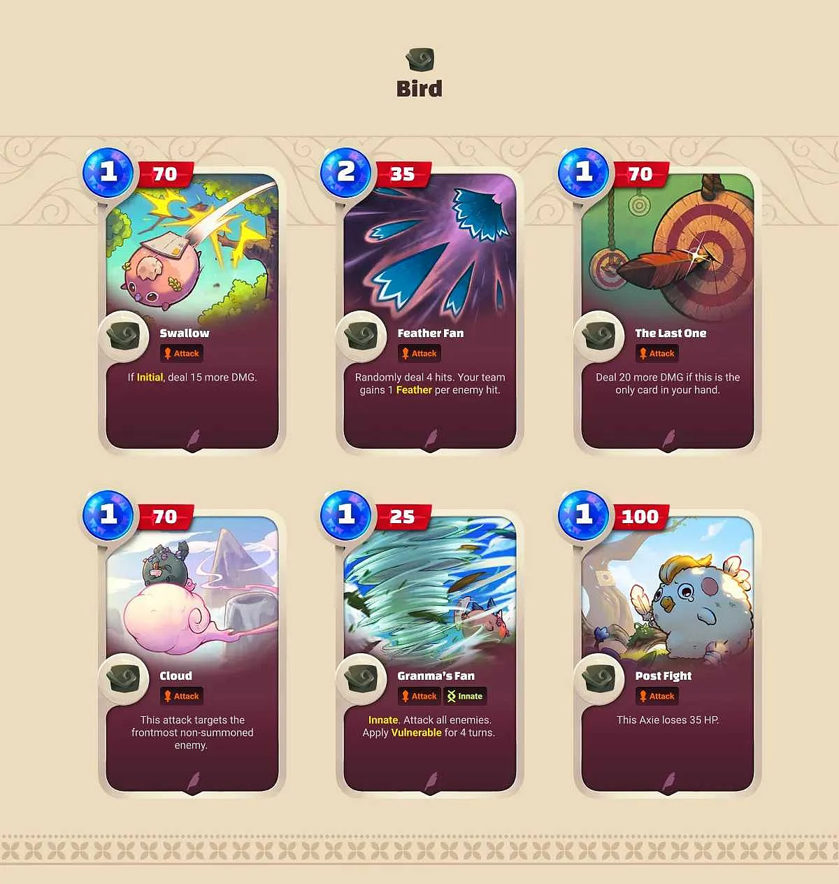 Axie Infinity: Origin (Battle V3) Bird Tail Cards