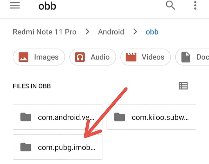 A folder named "com.pubg.imobile' in the OBB files of BGMI.
