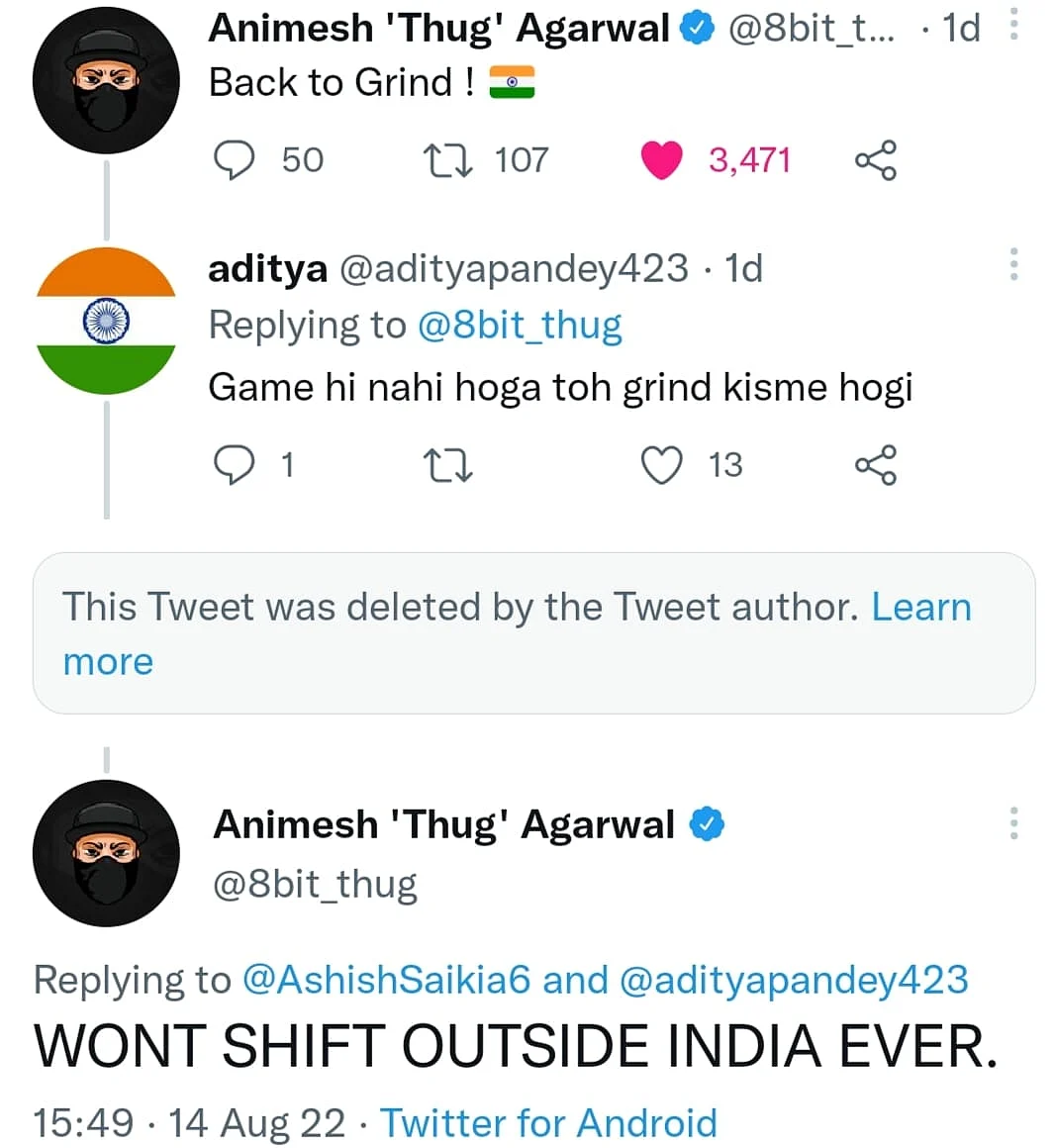 Animesh "Thug" Agarwal said that Team Soul won't shift outside India.