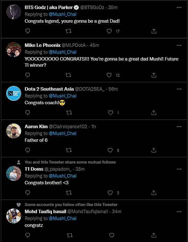 Dota 2 personalities congratulating Mushi on Twitter