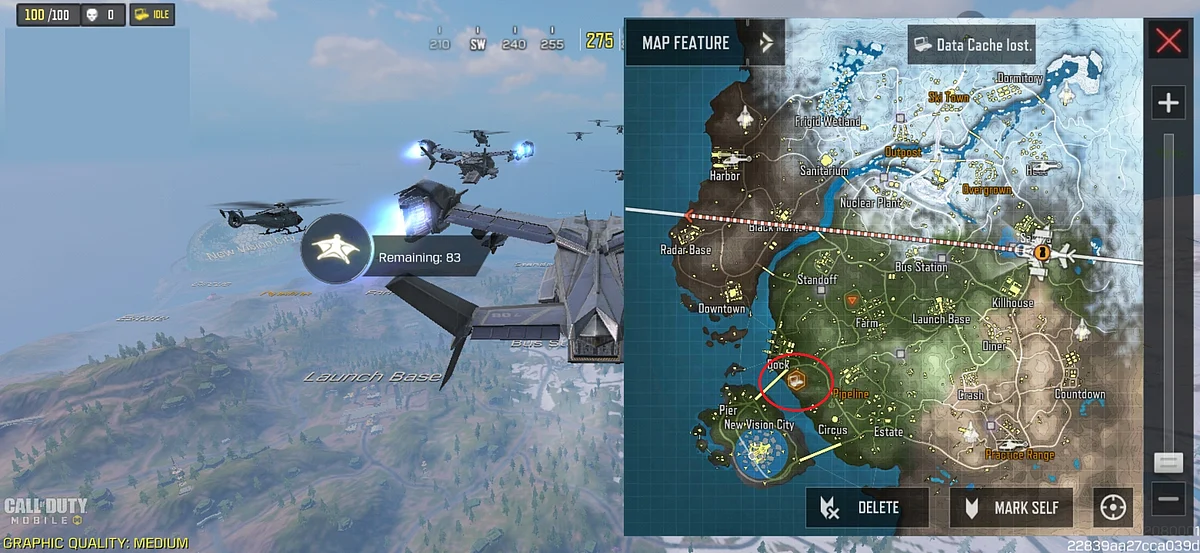 The data cache is marked with a red circle on the mini-map in the Spy Gameplay Mode BR.