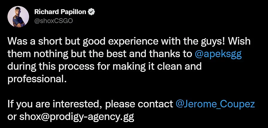 Shox statement on move from Apeks