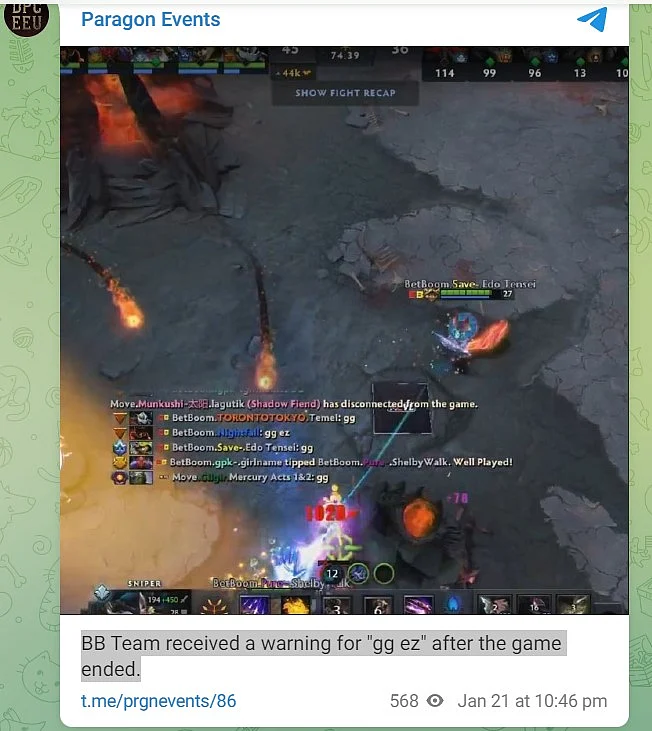 Paragon warns BetBoom Team in a post on Telegram