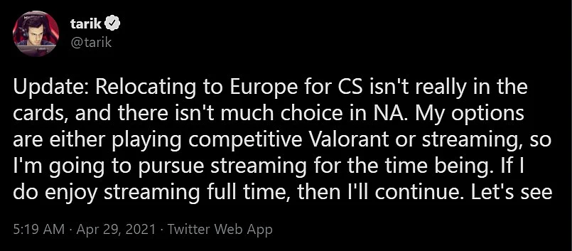 CS:GO Pro Tarik to Attempt Full-Time Streaming, Talks About Possible Valorant Switch