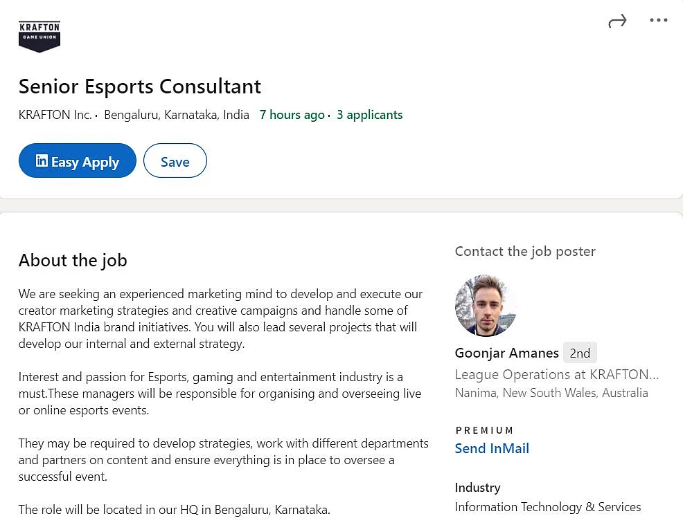(Unverified) KRAFTON Inc. looks for Senior Esports Consultant for Bengaluru HQ
