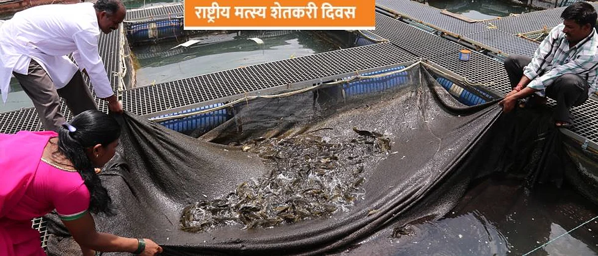 Modern fishing project in village lake.