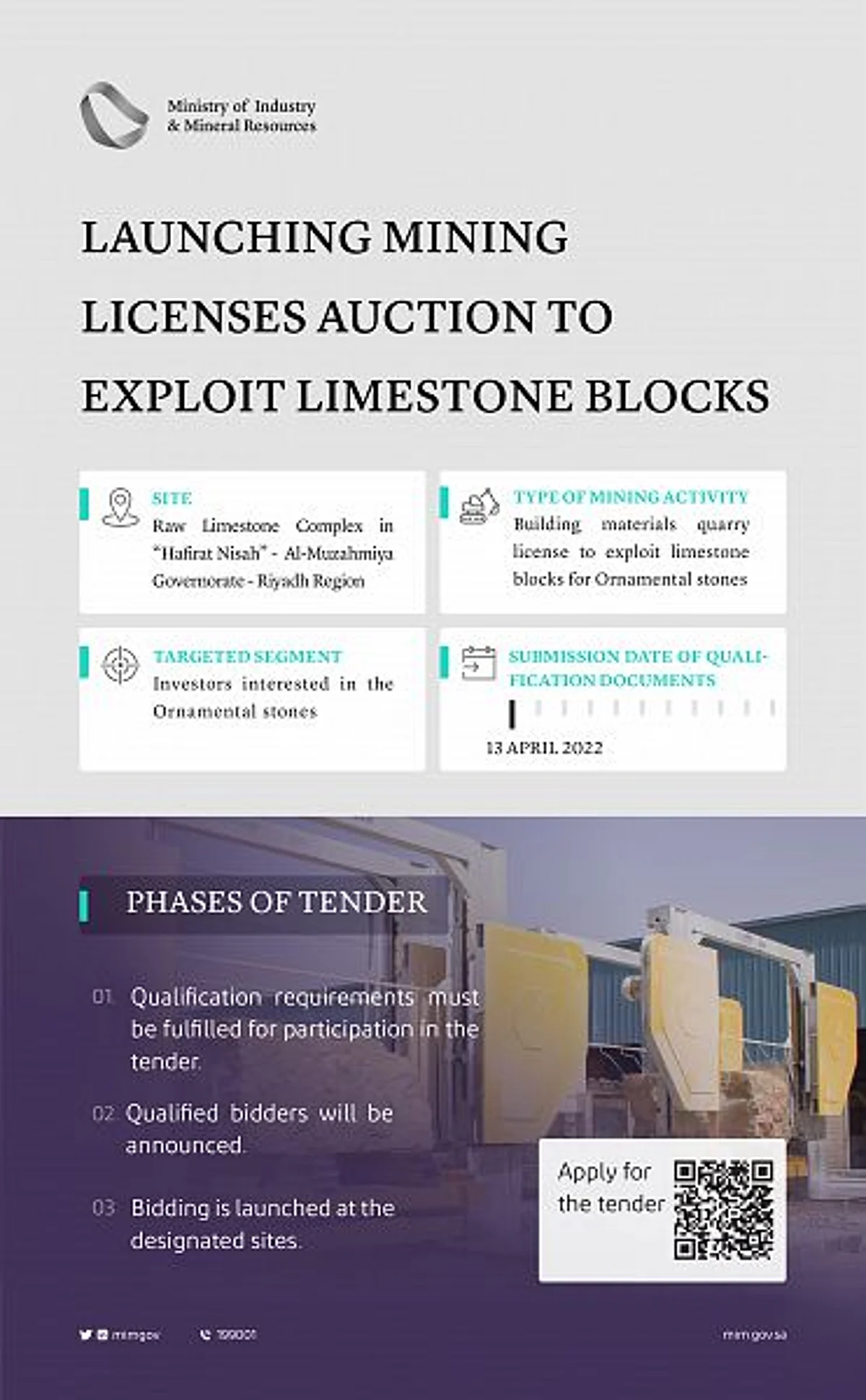 Ministry of Industry and Mineral Resources Holds Auction for 13 Mining Licenses in Hufairat Nisah Limestone Blocks Complex, Riyadh