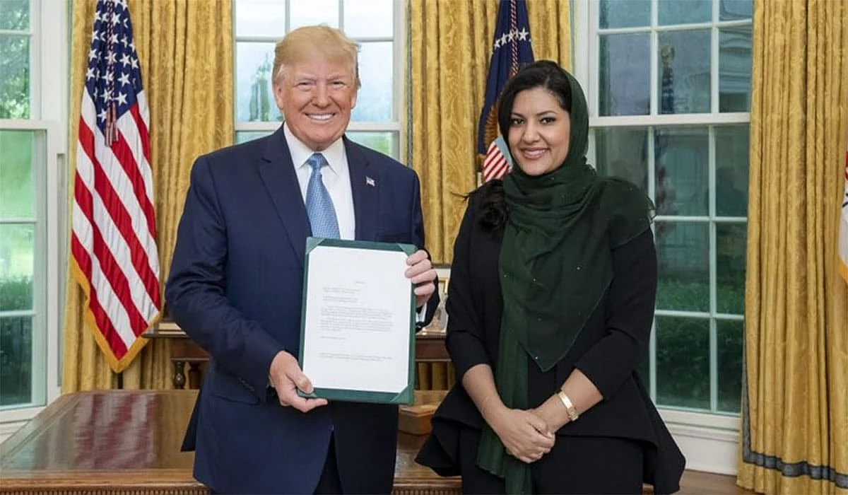 Princess Reema Al-Saud presents her credentials as Saudi Ambassador to the United states to President Donald Trump.