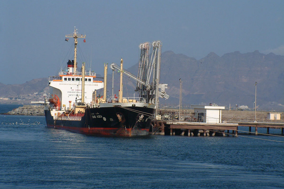 A ship is seen docked in port of Hudaydah, Yemen