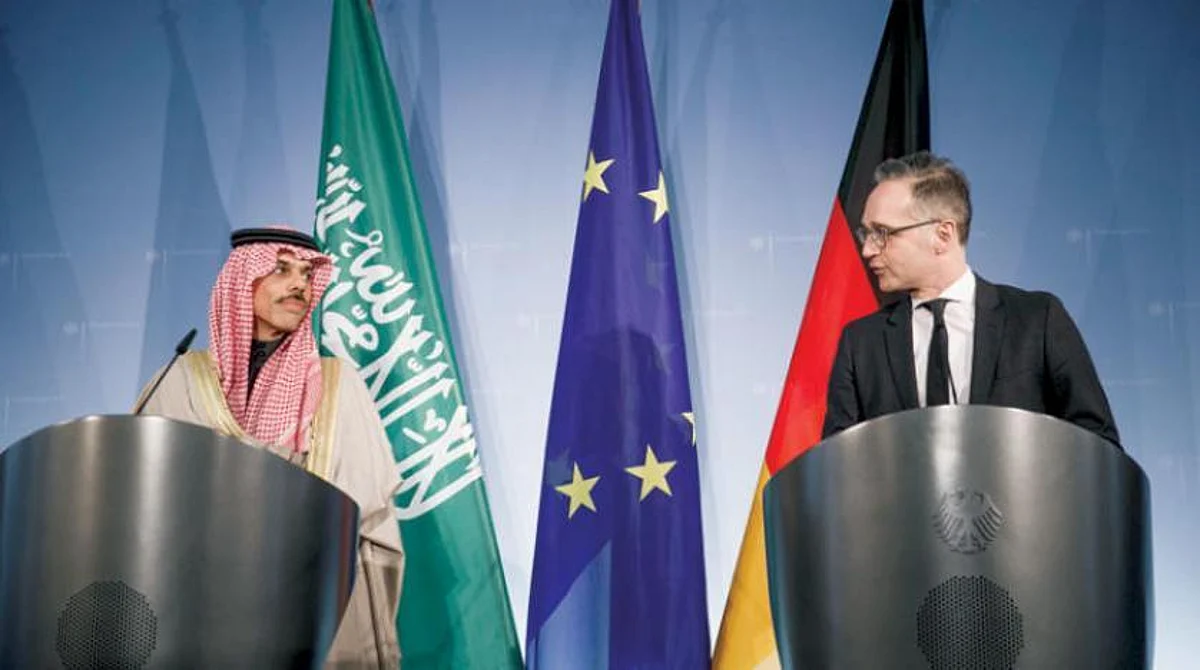 Saudi Foreign Minister Prince Faisal bin Farhan with his German counterpart Heiko Maas in Berlin (AP)