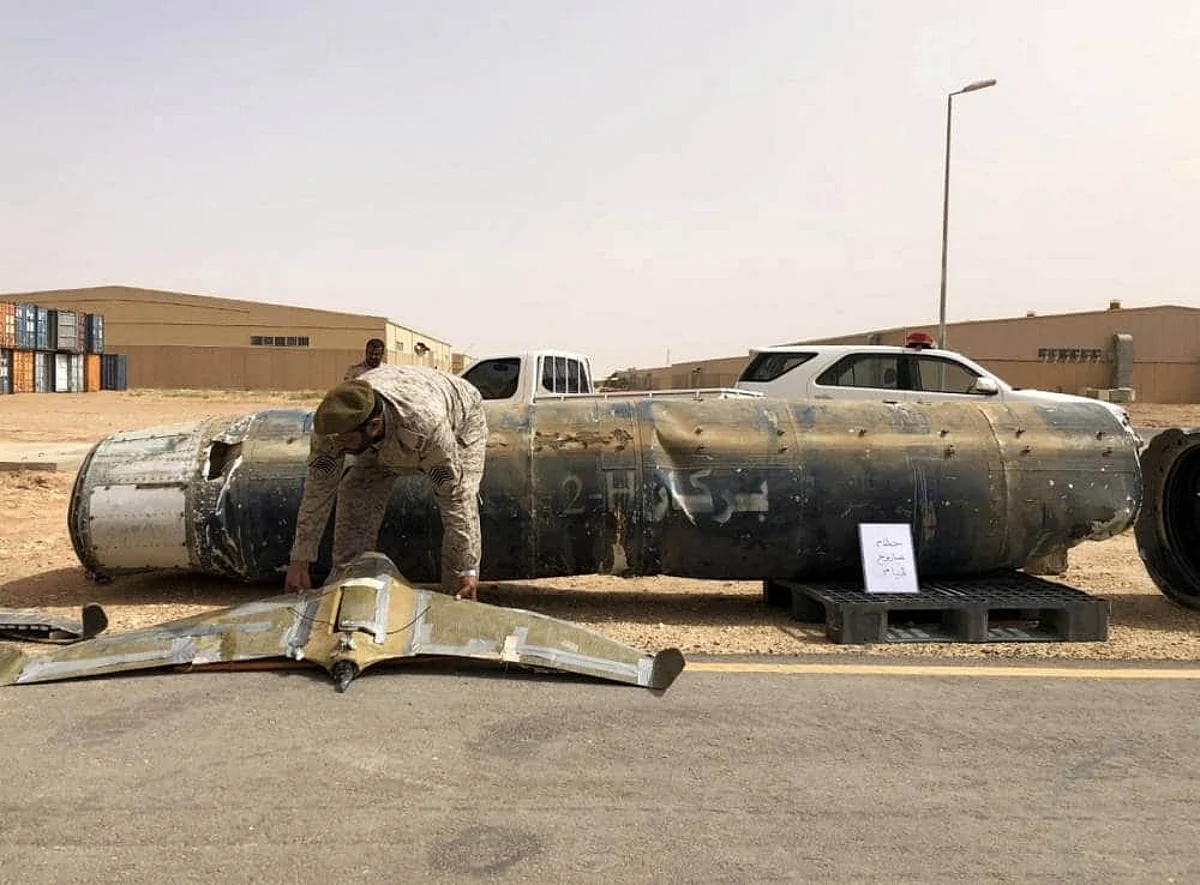 A projectile and a drone launched at Saudi Arabia by the Iranian-backed Houthi mililita are displayed at a Saudi military base, Al-Kharj, Saudi Arabia, in this file picture. — Courtesy photo