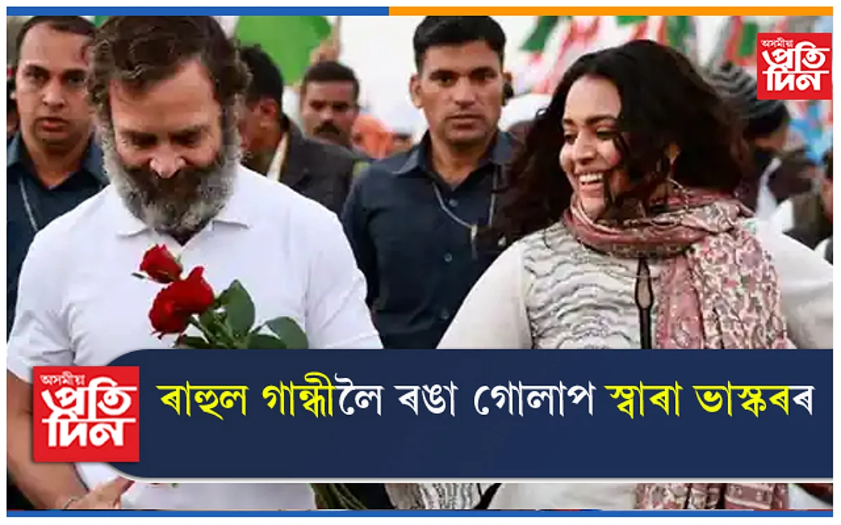 ৰাহুল গান্ধীক সতেজ ৰঙা গোলাপ দি ভাৰত জোড়ো যাত্ৰাত চামিল অভিনেত্ৰী স্বাৰা ভাস্কৰ